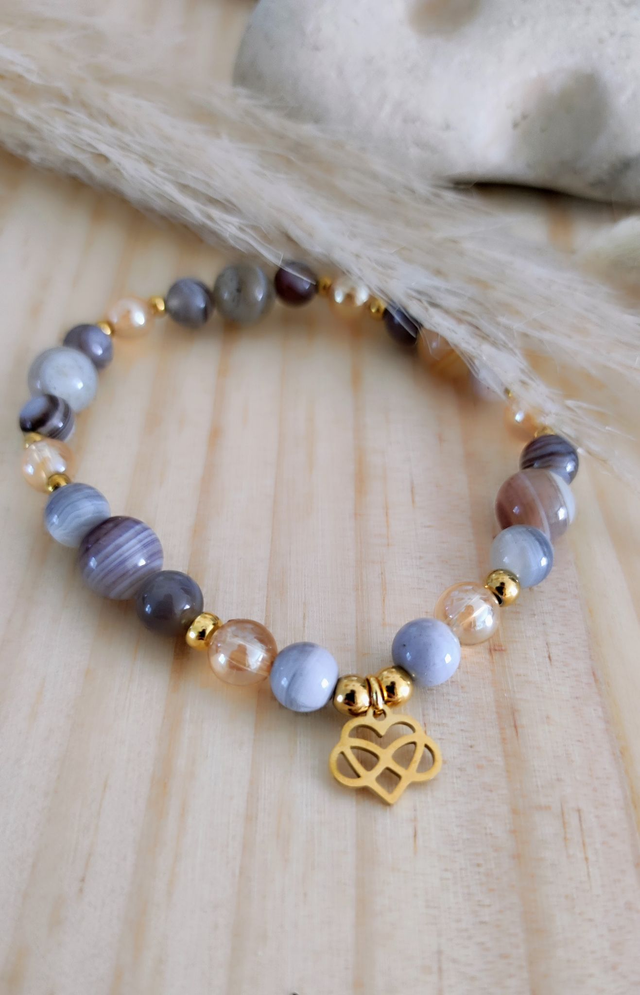 Bracelet "Émotions négatives" Agate de Botswana rose et Quartz Aura