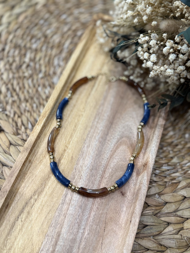 Collier Résine Marron &amp; Bleu 