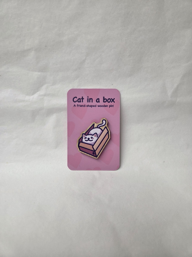 Cat In A Box Wooden Pin Badge - ST-018
