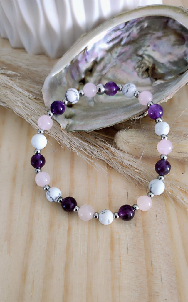 Bracelet "Stress Sérénité" Améthyste, Quartz rose et Howlite