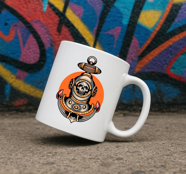 Traditional Tattoo Style Skull Scuba Diver 11oz Ceramic Printed Mug Design