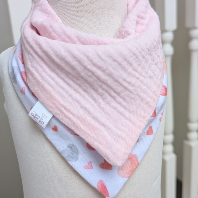 Pink & Grey Hearts Drool Bib - Handmade & Reversible