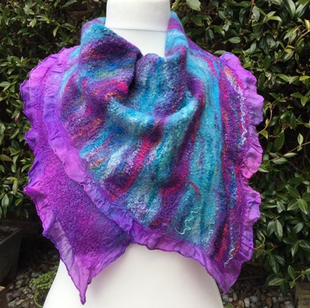 Nuno Felted Hand Dyed Silk Triangle Scarf, Purples, Turquoise, Reversible
