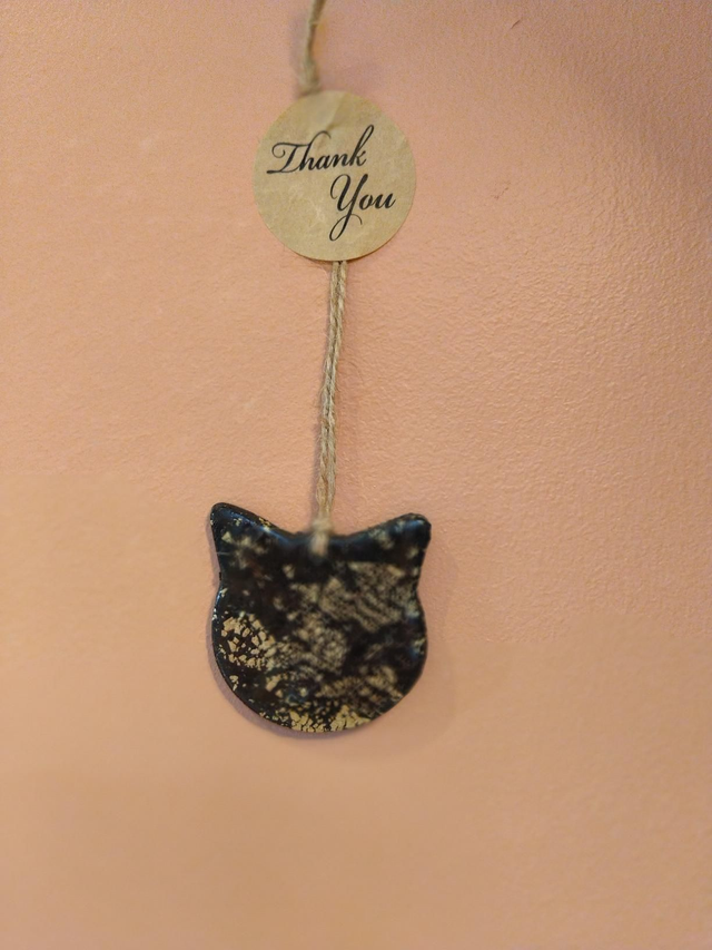 Handmade polymer clay cat luxury wall ornament Black and gold 