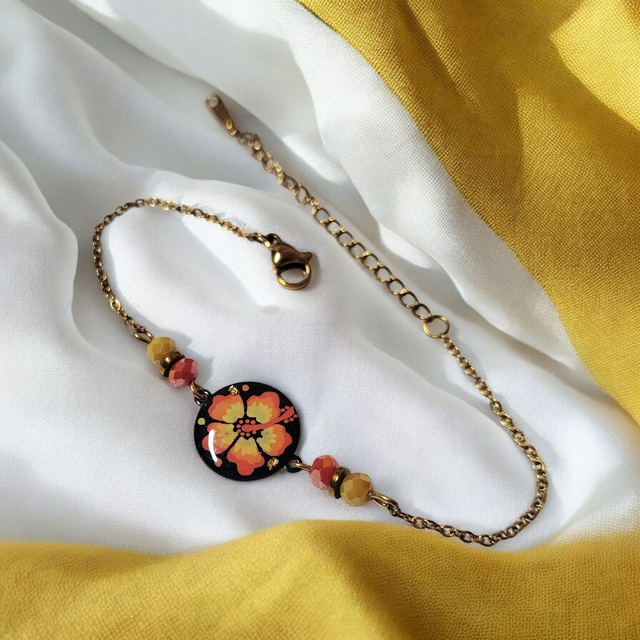 Bracelet dessiné Flora acier inoxydable jaune et orange