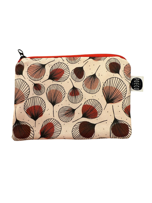 Trousse porte-monnaie -  PLUMES rouges fond rose clair