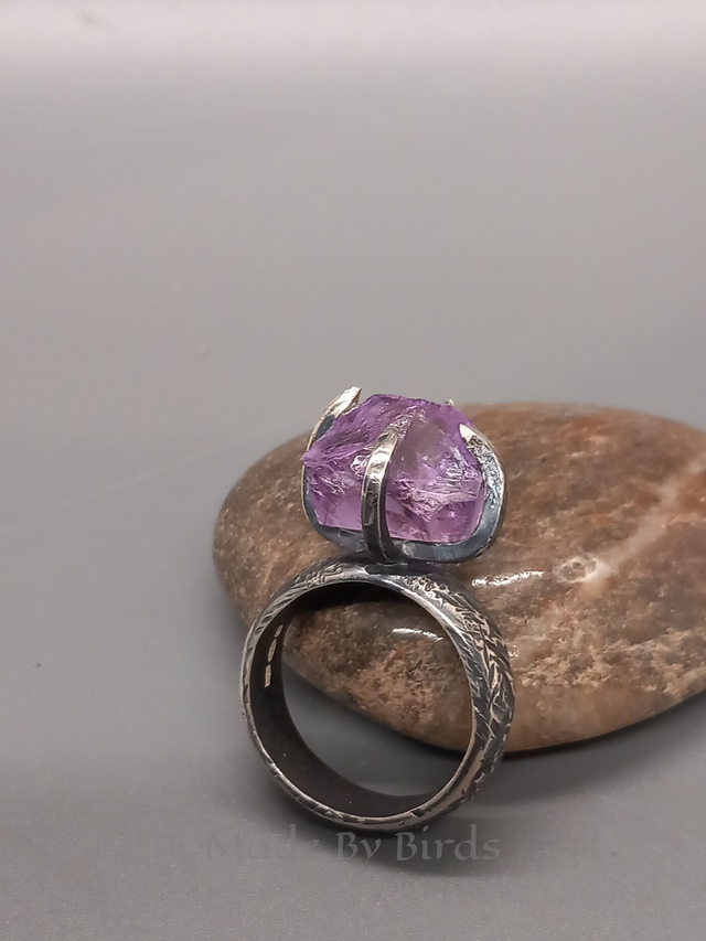 Raw Amethyst Claw Set Brutalist Style Sterling Silver Ring 