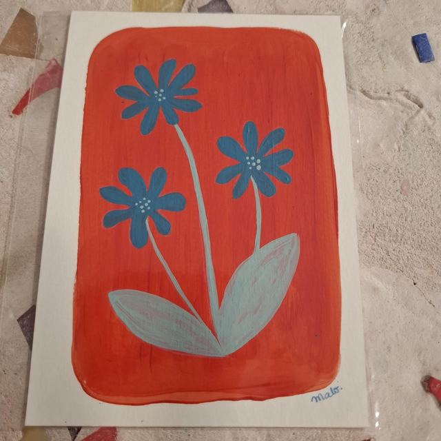 Mal27 A6 originale Fleurs bleues fond rouge