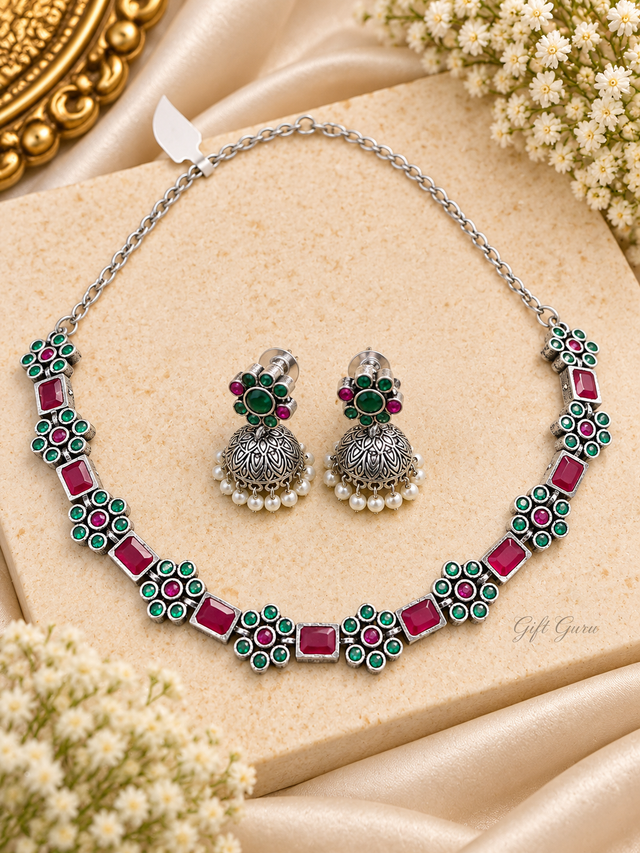 Intricate Floral Stone Oxidise Necklace Set with Earrings