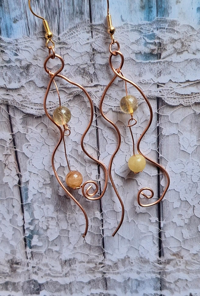 Pomegranate drops in bronze with gold rutilated quartz, two earrings 