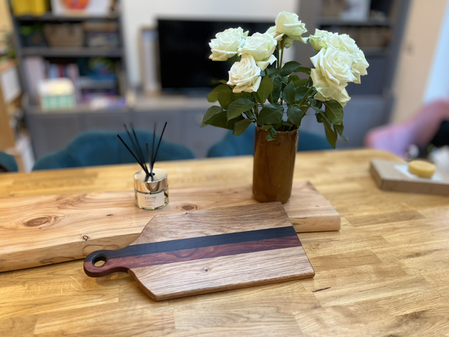 SOLD SOLD SOLD Oak charcuterie serving board with Bubinga and Rosewood detail