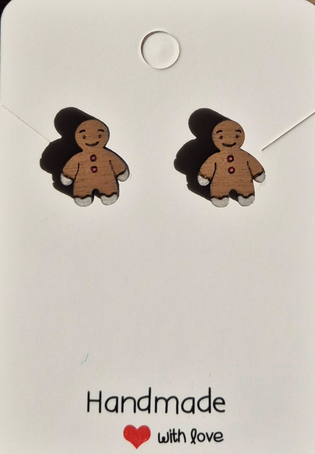 Gingerbread Man Shaped Wooden Stud Earrings 