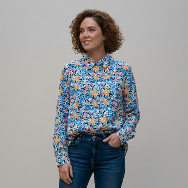 Chemise Fluide à Motif Floral Bleu et Orangé – Coupe Droite