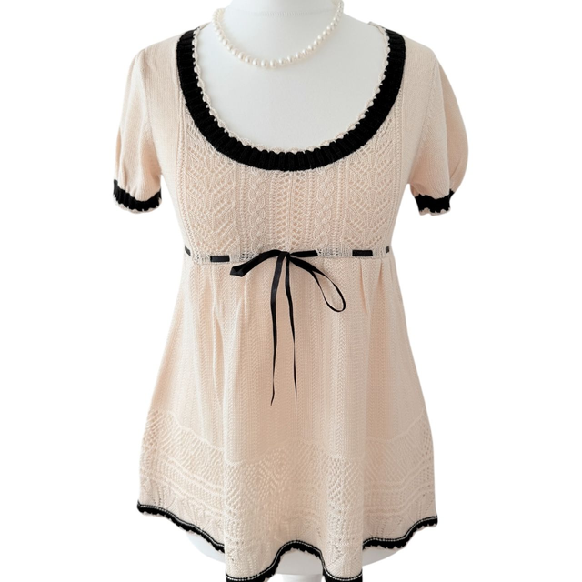 japanese cream and black knitted babydoll top 