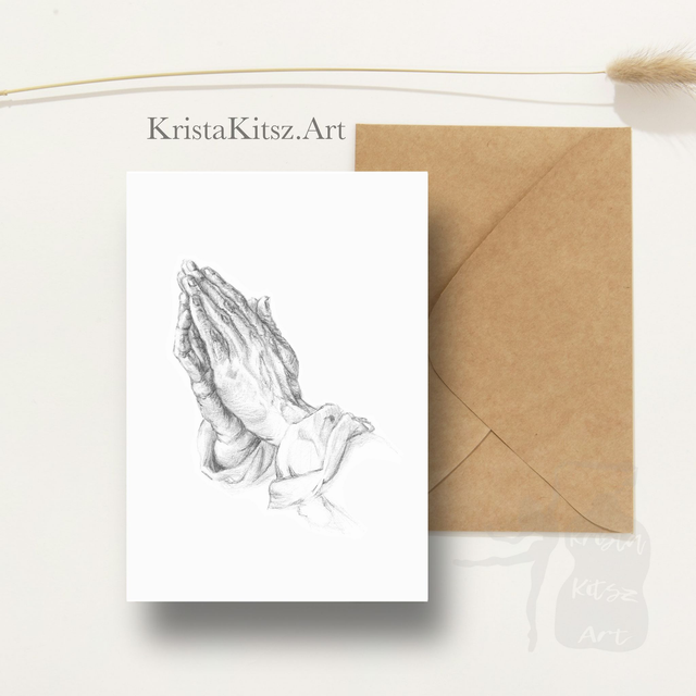 Ansichtkaart Biddende Handen, tekenkunst, inclusief envelop, van originele tekening  