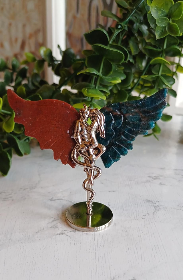 Ocean Jasper &amp; Apatite Angel and Demon Lover Wings on Stand