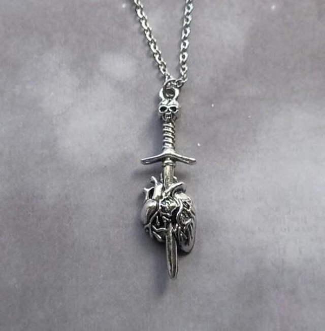 Skull Sword Through Anatomical Heart Necklace 