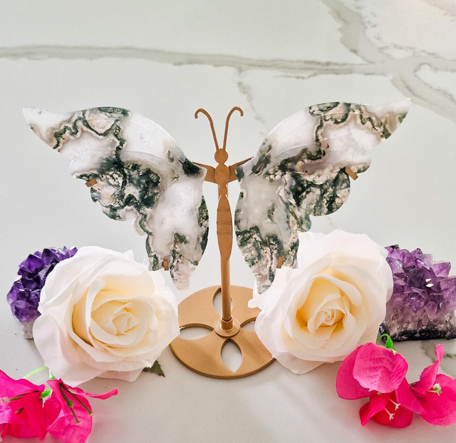 Angel Wings On Stand : Moss Agate