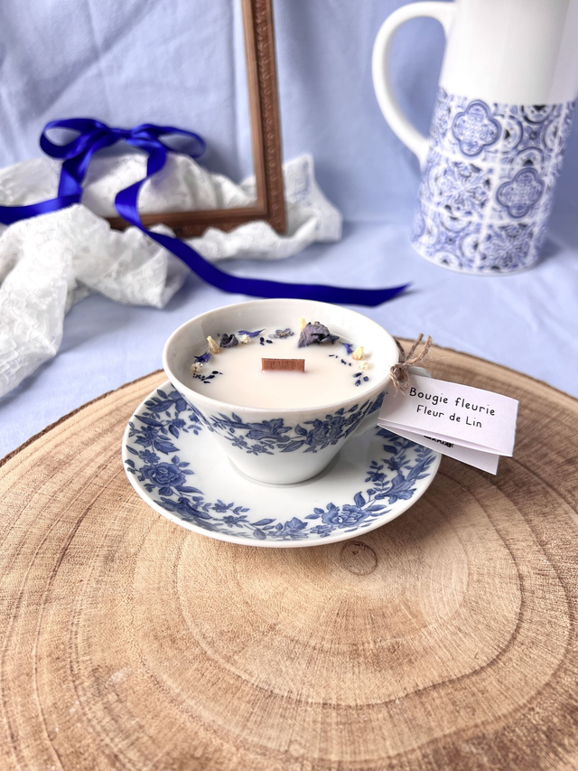 💙 Bougie Fleur de Lin - tasse à café "frise fleurie" en porcelaine avec sous tasse