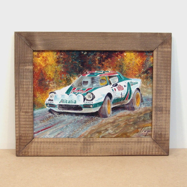 Artimotor enmarcado 28x35 - 1975 Sandro Munari Lancia Stratos 1º rally de Sanremo