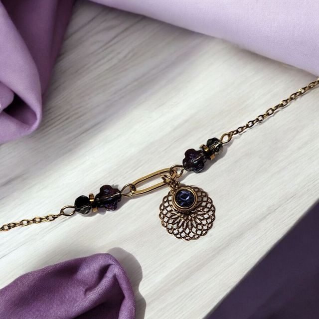 Bracelet acier inoxydable et strass lavande et doré