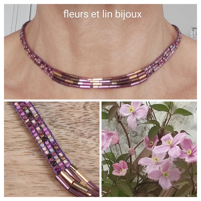 Collier tissé main en perles de verre miyuki,tons de rose et mordoré, réglable 