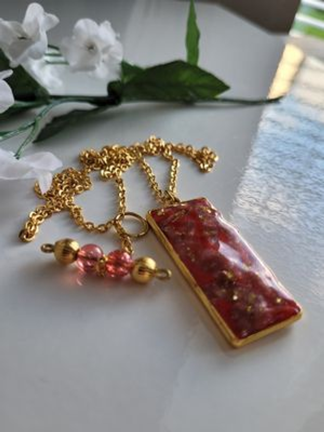 Necklace / Pendant - Red & Gold-Coloured Geometric Design with Beaded T-Bar