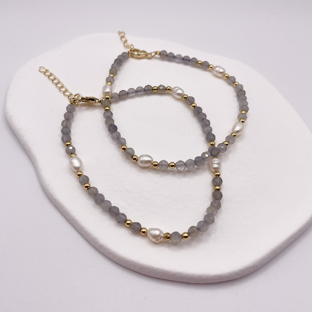 GEMSTONE BAND GOLD - Labradorit & Süßwasserperlen