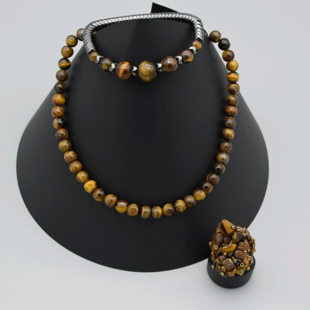 Jolie parure en véritable œil de tigre et hématite