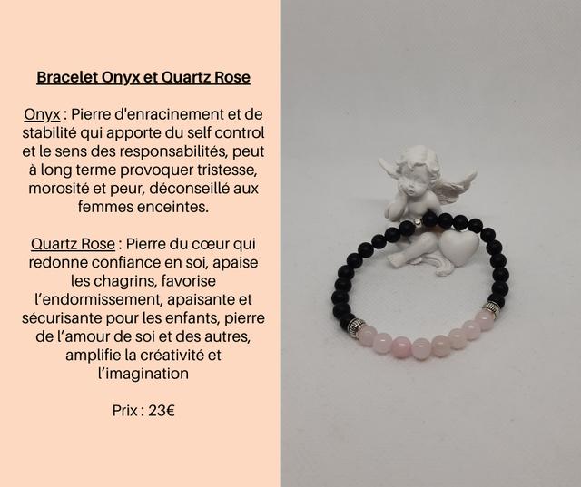 140- Bracelet Onyx et Quartz Rose