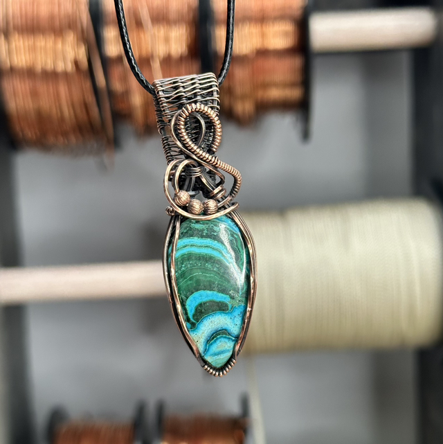 Malachite &Chrysocolla pure copper wrapped pendant 