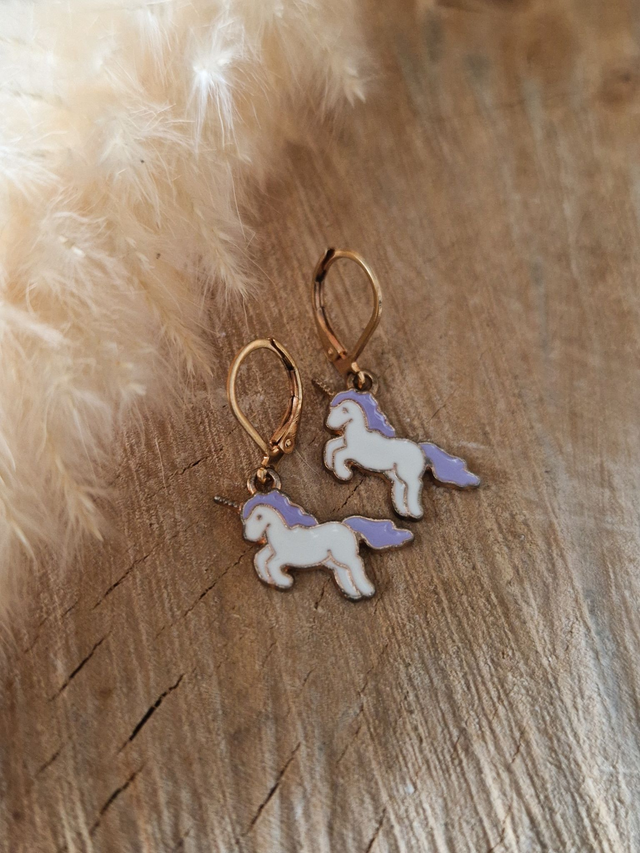 Boucles d'oreilles "Mini licornes" - Modèle doré et lilas
