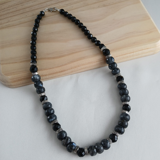 Heren ketting Labradorietkwarts met Onyx - rvs - 50 cm (2.054)