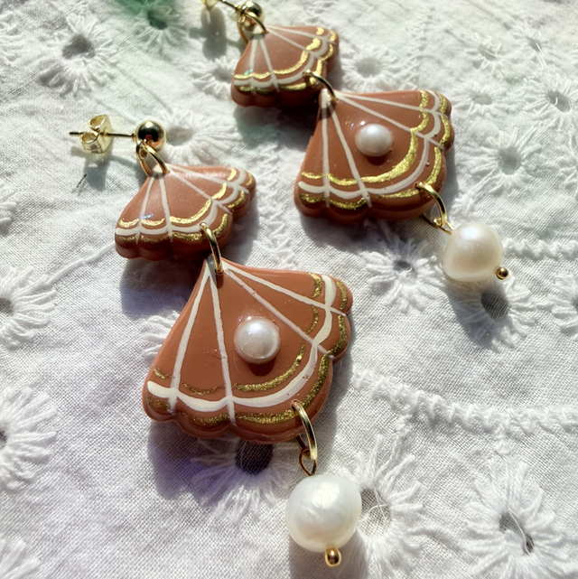 RHEA - Scalloped Shell Shaped Statement earrings with Pearl drops