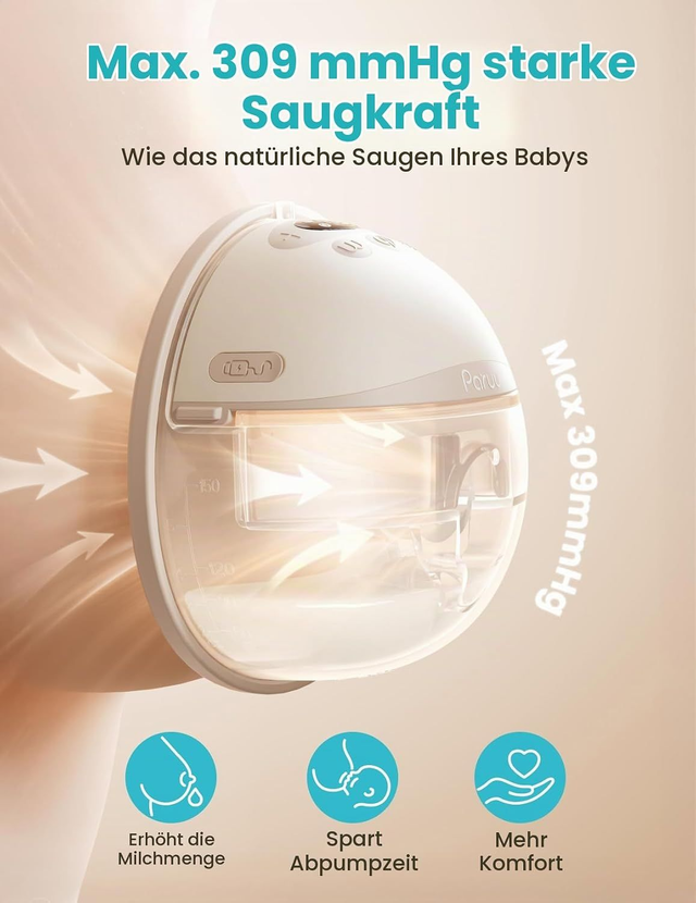 Paruu P16-A, tragbare elektrische Milchpumpe mit 4 Modi und 12 Stufen, starke Saugkraft (2er Pack, Nude)