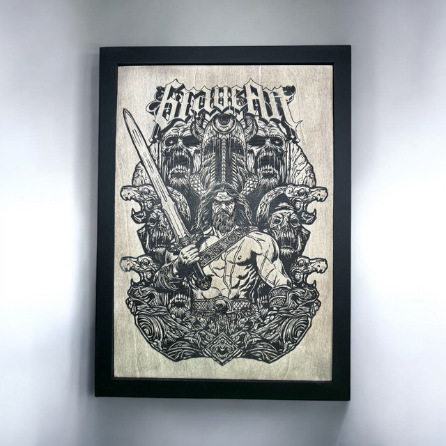 Tableau Gravure Viking Guerrier en Bois - Décoration Murale Nordique Unique