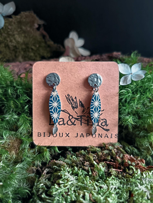 Boucles d'oreilles - puces - papier washi - feuilles - argenté - La&amp;Titia 