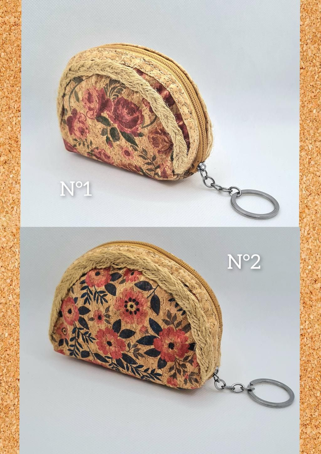 Petit Porte-clés/pièces "Demi-lune" en liège imprimé floral (2 à choix)