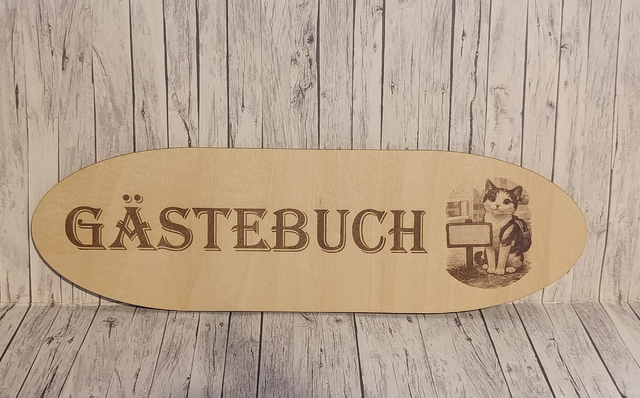 Individuell gestaltetes Schild aus Lindenholz mit Aufsteller – z. B. „Gästebuch“