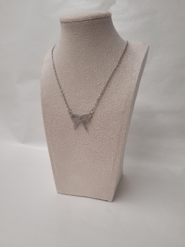 Silver rhinestone bow charm necklace - 18inch silver plated - HBH-056