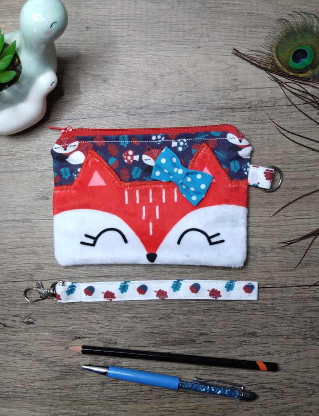 Red fox zip purse with wrist strap