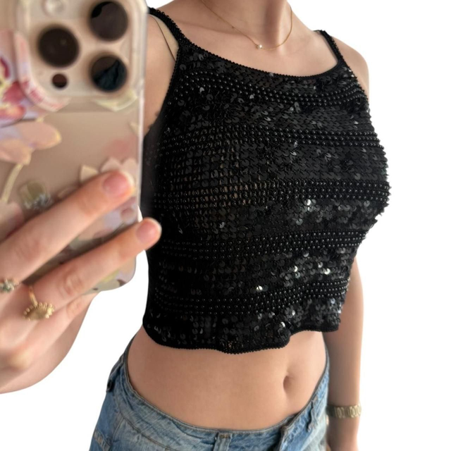 y2k black crochet/knit sequin beaded crop top cami 