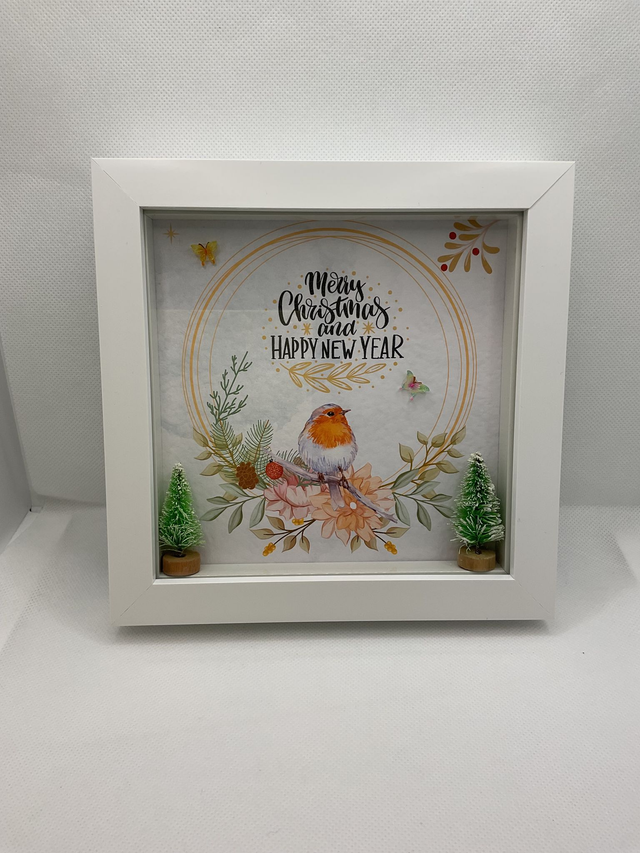 Christmas frame. Beautiful Christmas gift with Robin design.