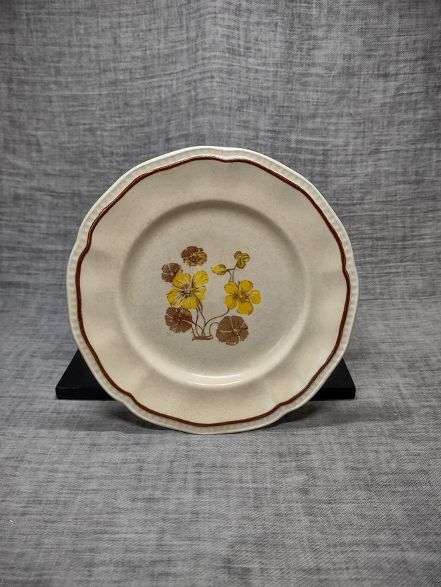 Kensington Ironstone | Geschulpt rond bord gebakschotel (diameter 17,5 cm | hoogte 2 cm) crème met bruine bies oker &#039;Bloem&#039; motief | Vintage