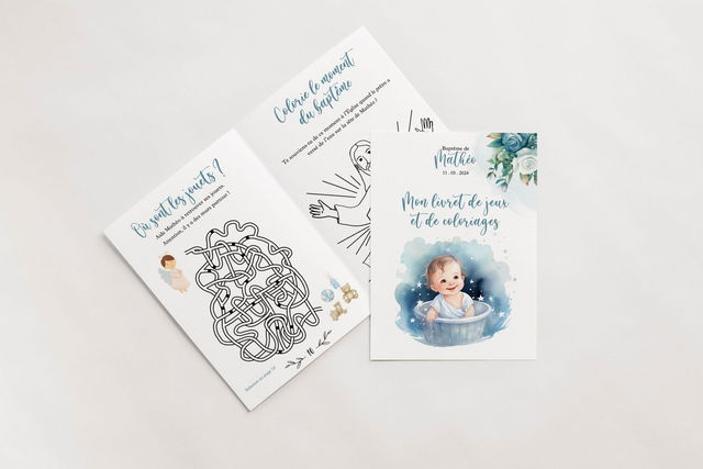 Cahier d&#039;activités personnalisé Baptême Fleurs &amp; Blush bleu