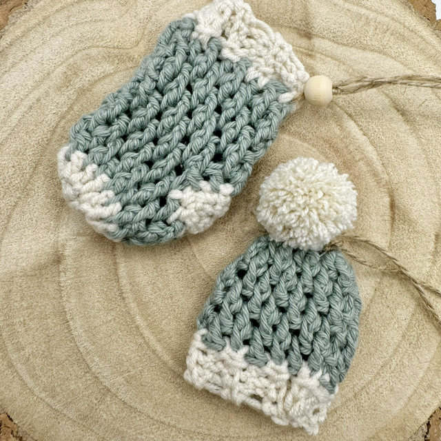Crochet Plain Sage Mini Hat &amp; Stocking Decoration 