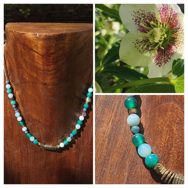 Z-Collier amazonite, agate verte, améthyste, hématite doré ( pierres naturelles), ras du cou réglable par chaîne d&#039;extension en acier inoxydable doré -sans nickel -piece pièce unique 