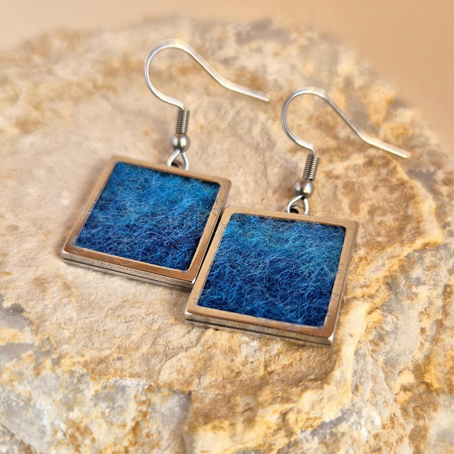 Merino Wool Dangle Earrings, Blue