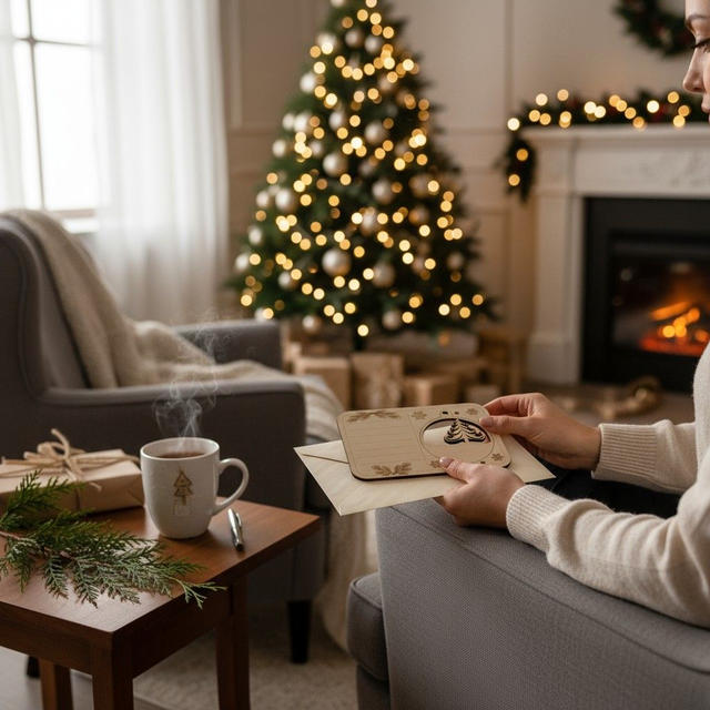 Carte postale avec boule de Noël en bois, gravée et personnalisée - décoration de sapin, déco Sapin