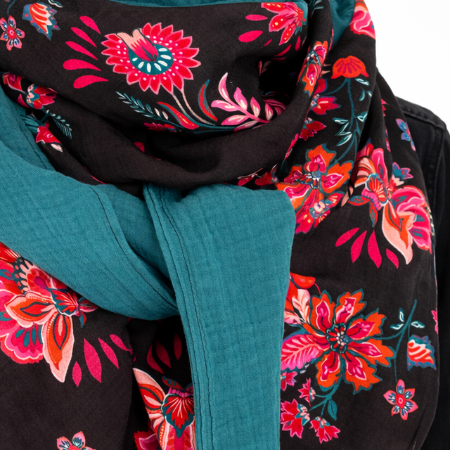Foulard triangle — Noir Floral & Bleu Canard